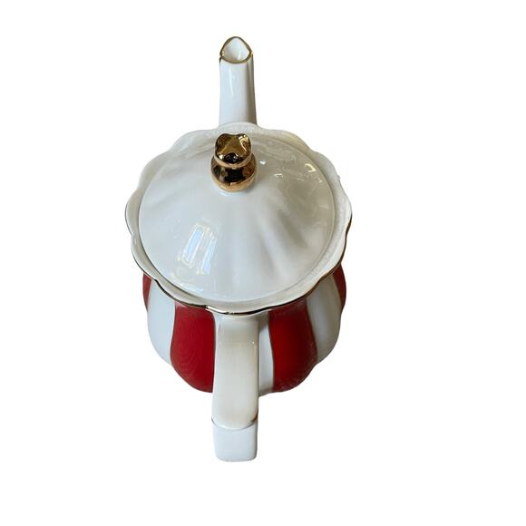 Grace Teaware Fine Porcelain Teapot Holiday Red White Gold Peppermint Stripe New - Picture 6 of 16